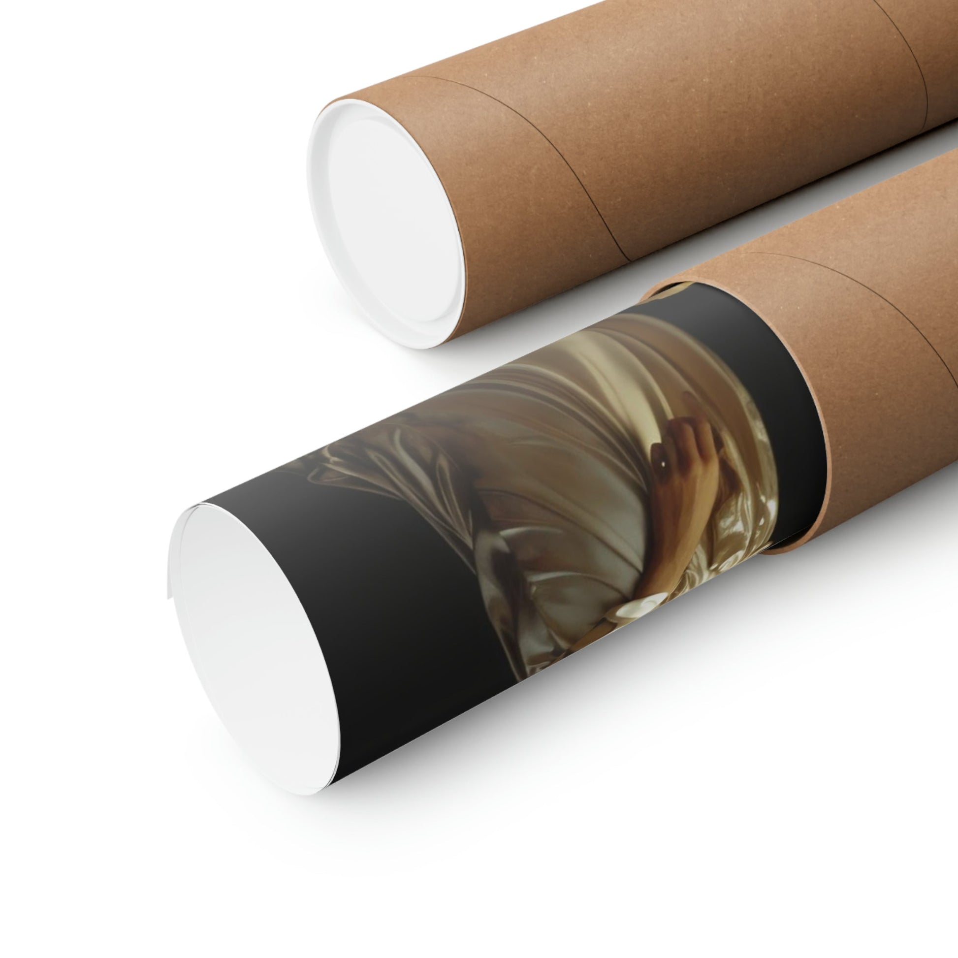 Two rolls of brown paper with a photo on them