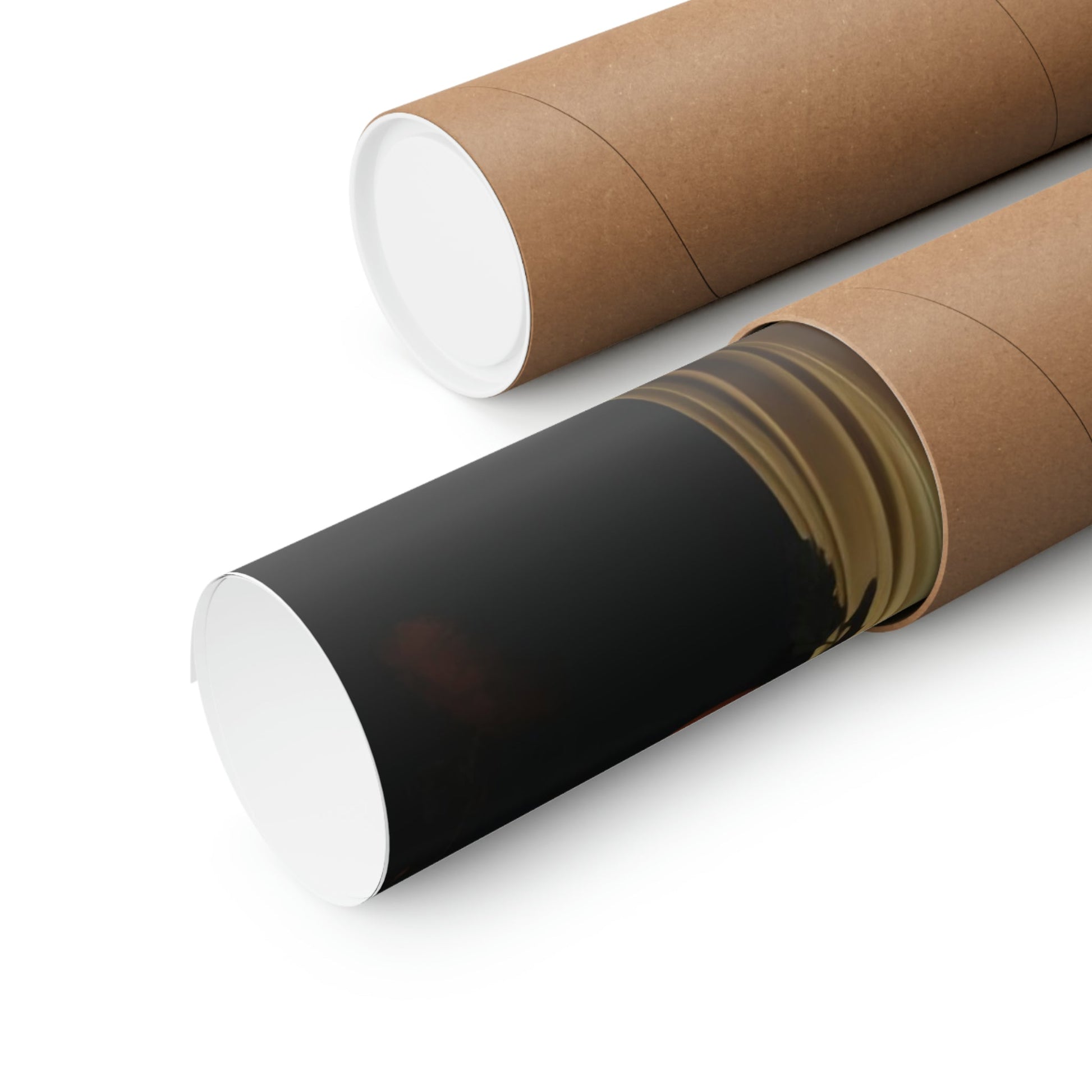 Two rolls of brown paper with a black and white stripe