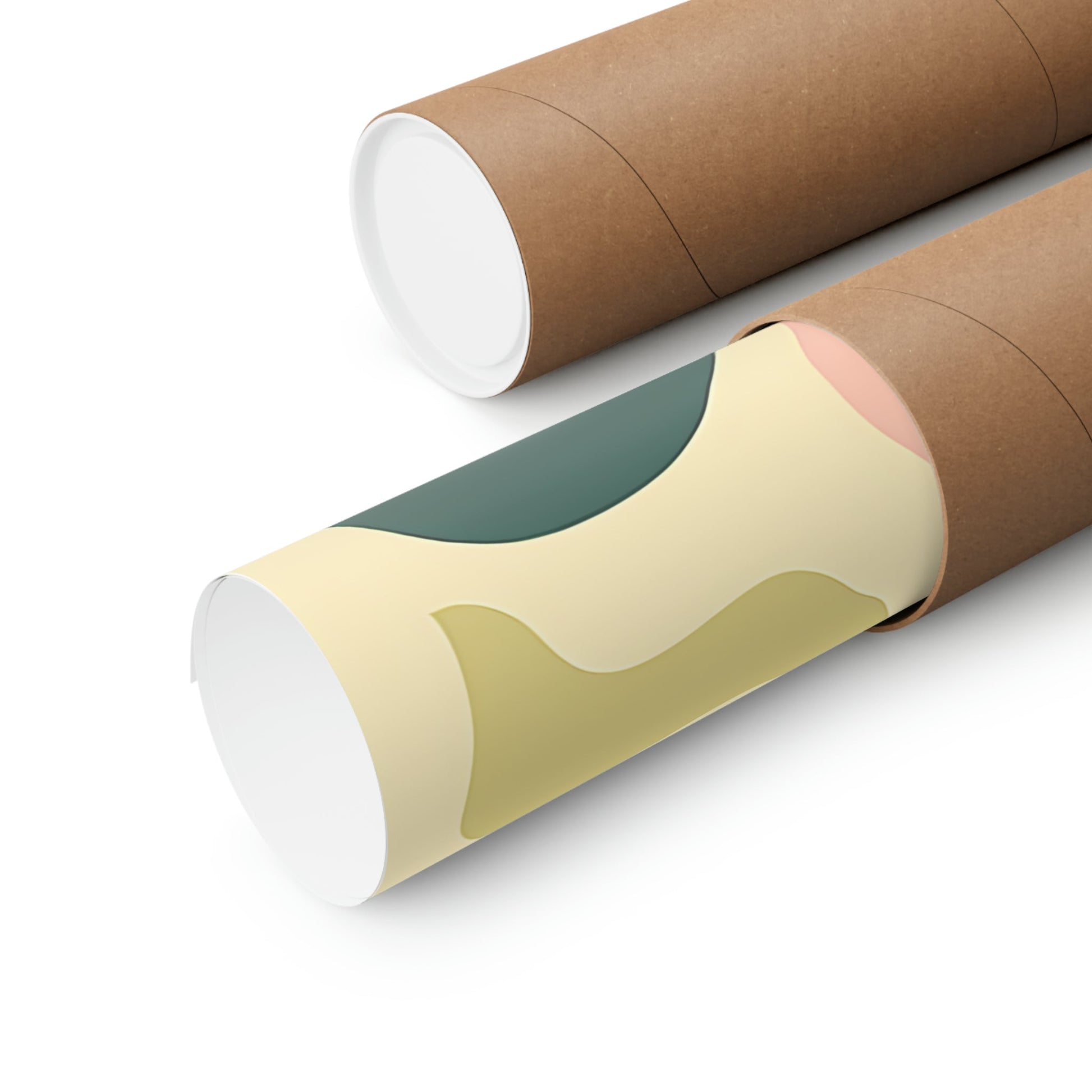 Two rolls of brown paper with a green and yellow pattern