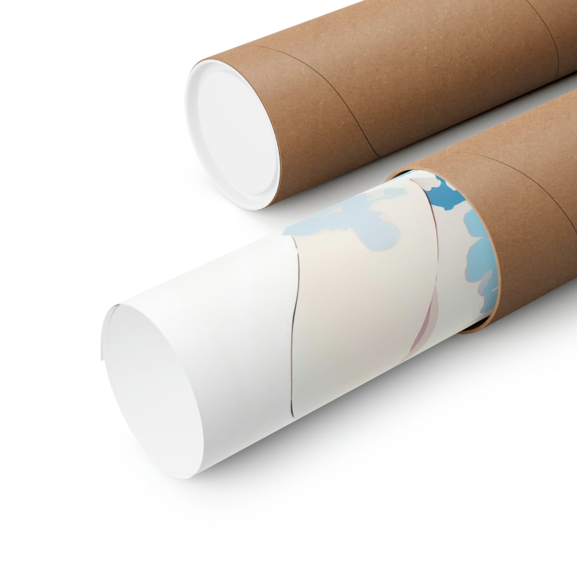 Two rolls of brown paper with a blue and white design