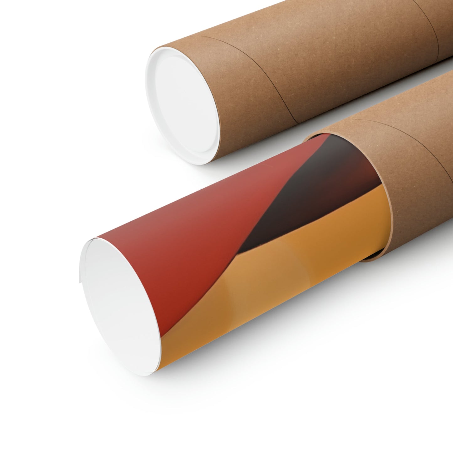 Two rolls of brown paper with red and orange stripes