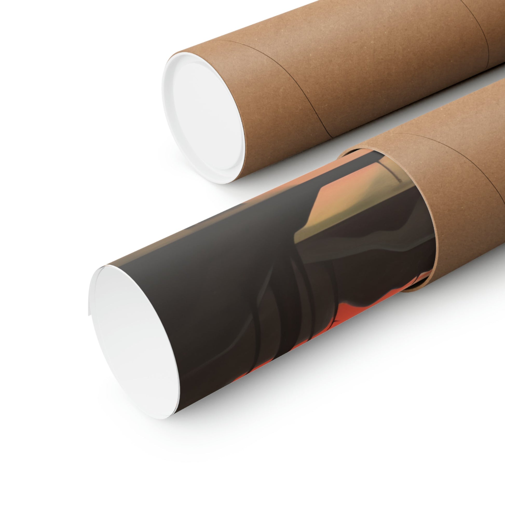 Two rolls of brown paper with a black and white design