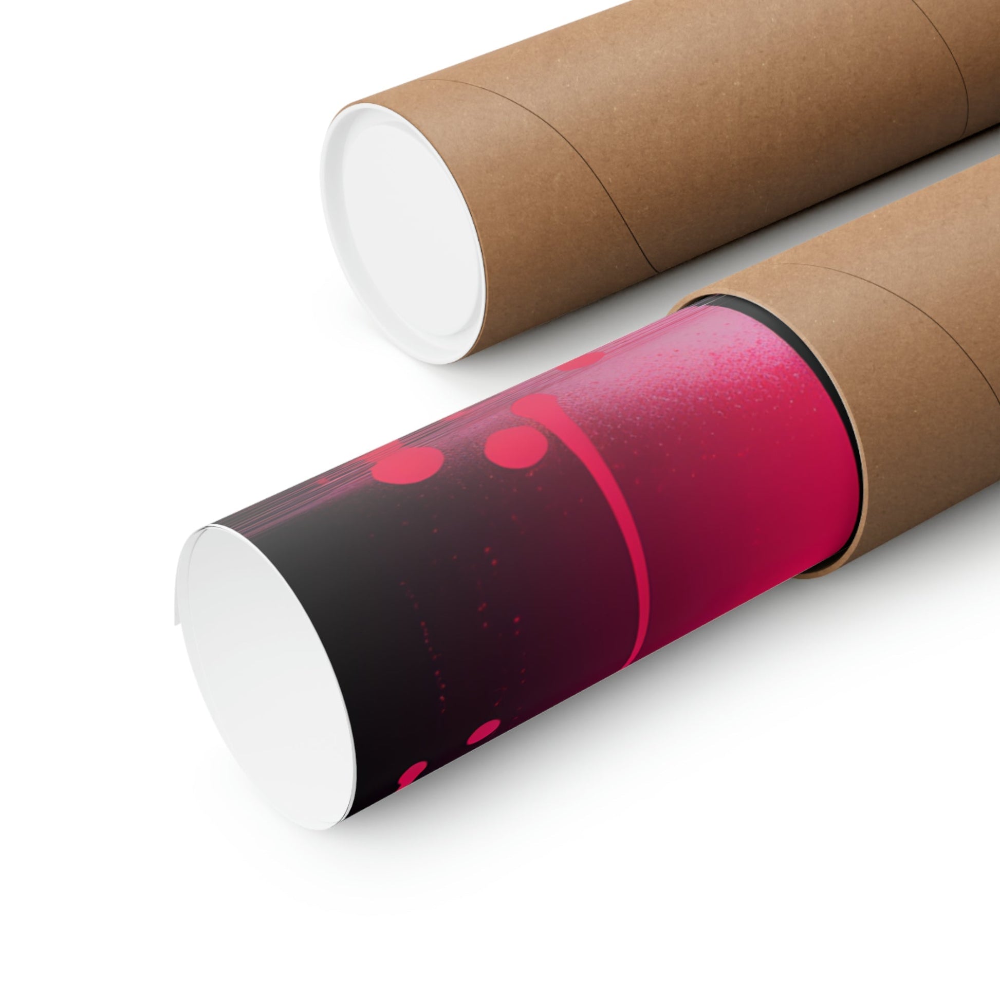 Two rolls of brown paper with red and black designs