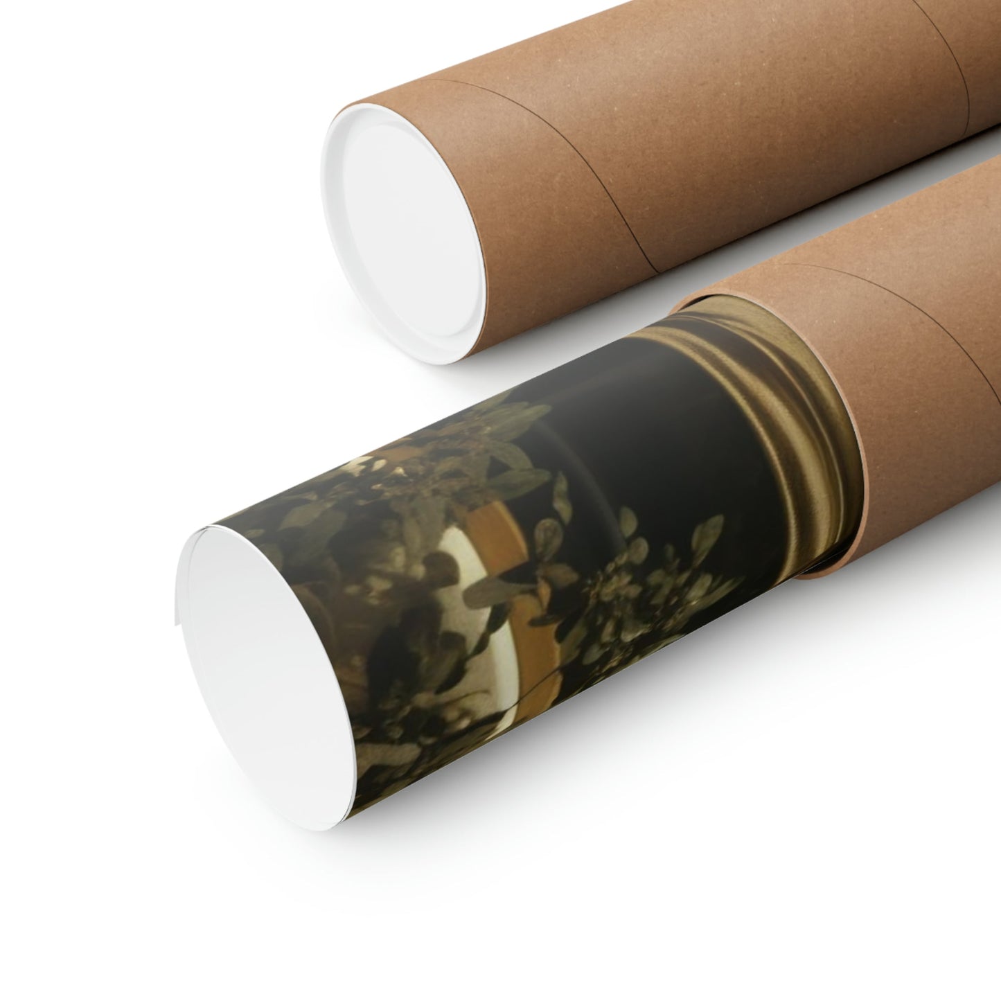 Two rolls of brown paper with a picture of a woman