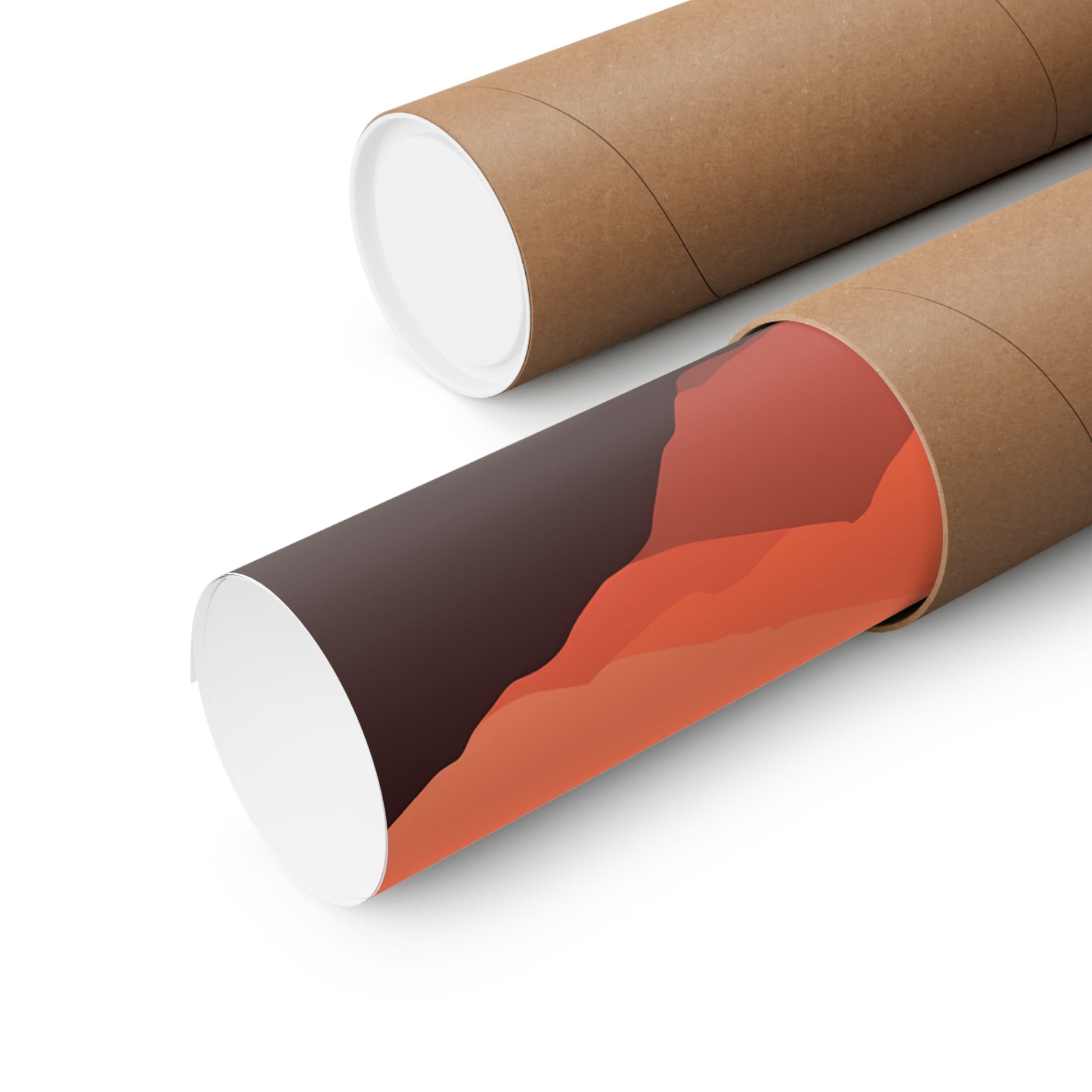 Two rolls of brown paper with a red and black design