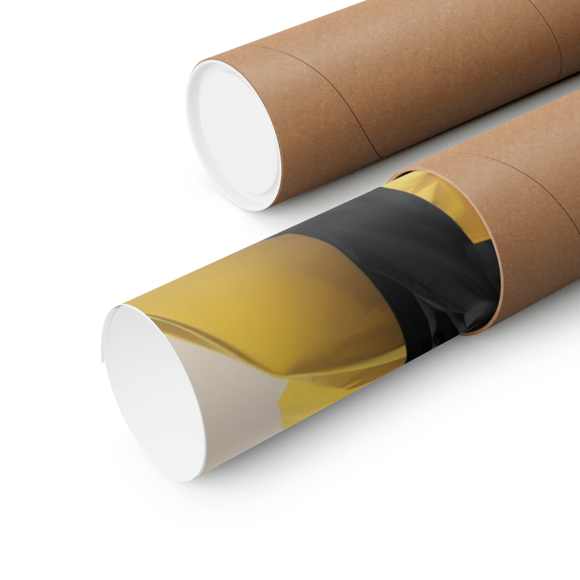 Two rolls of brown paper with black and yellow foil