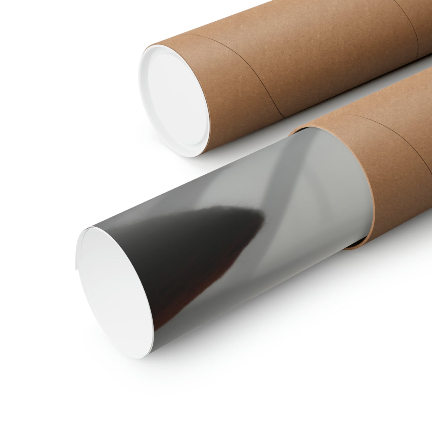 Two rolls of brown paper with black and white paper