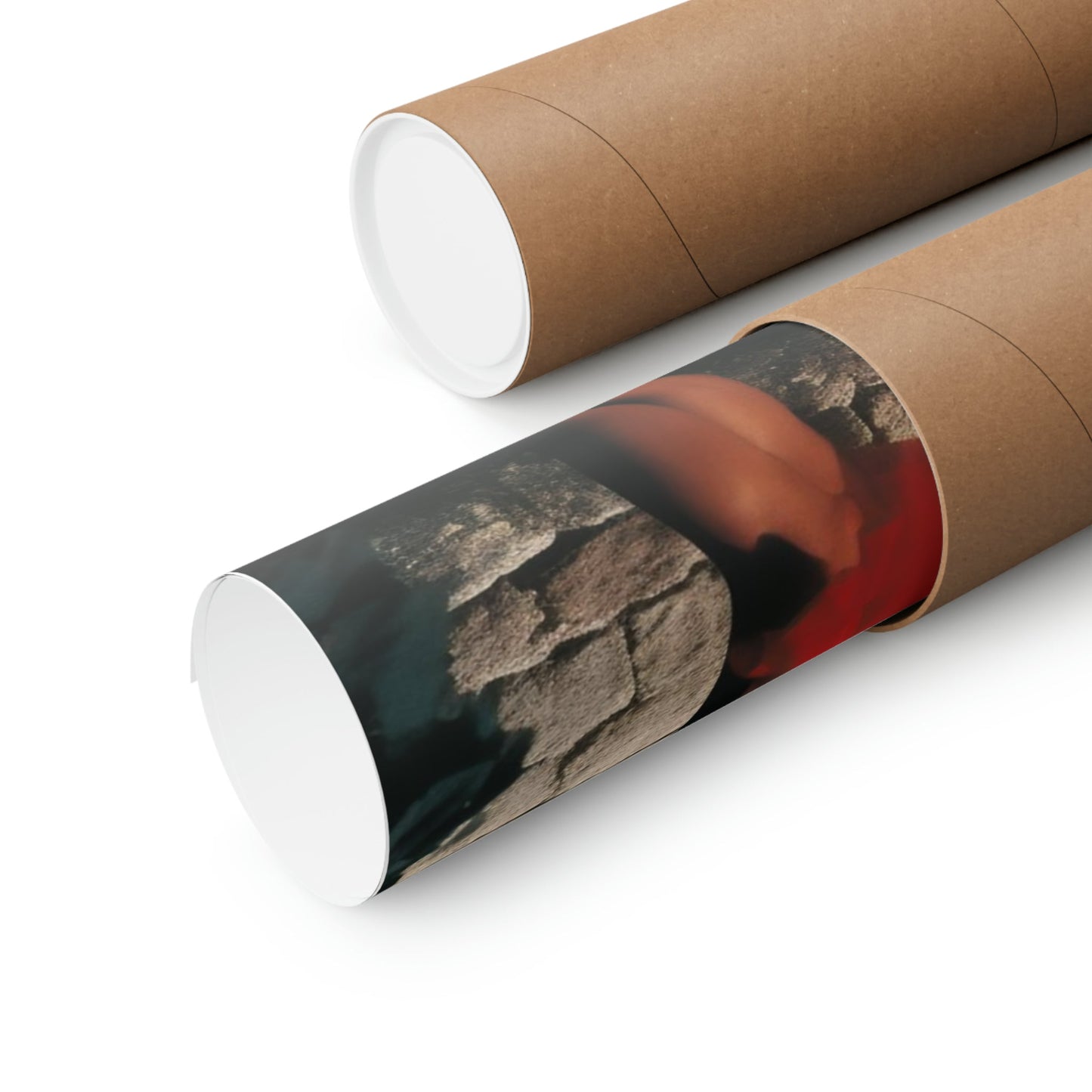 Two rolls of brown paper with a photo on them