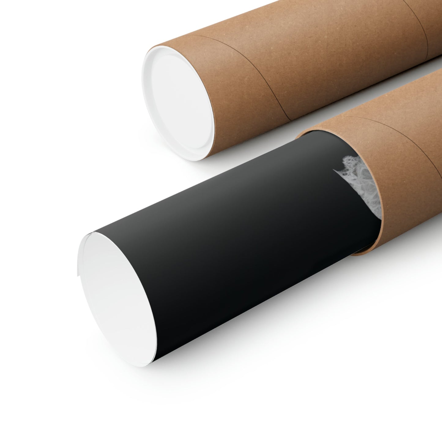 Two rolls of brown paper with black and white paper