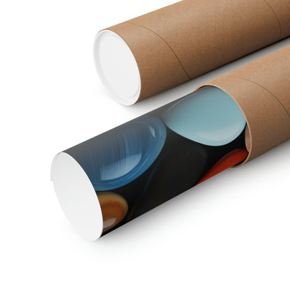 Two rolls of brown paper with blue and orange designs