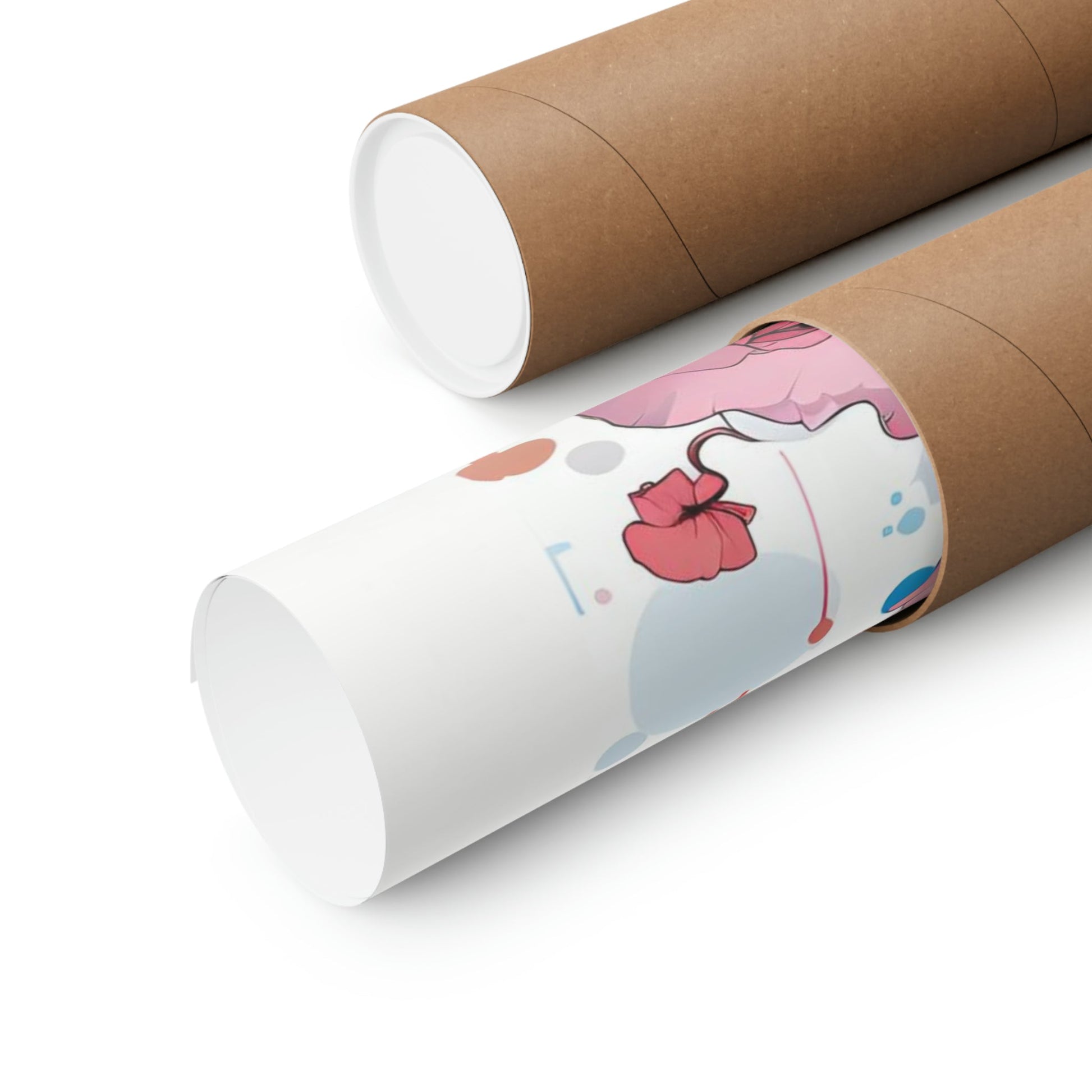 Two rolls of brown paper with a pink flower on them