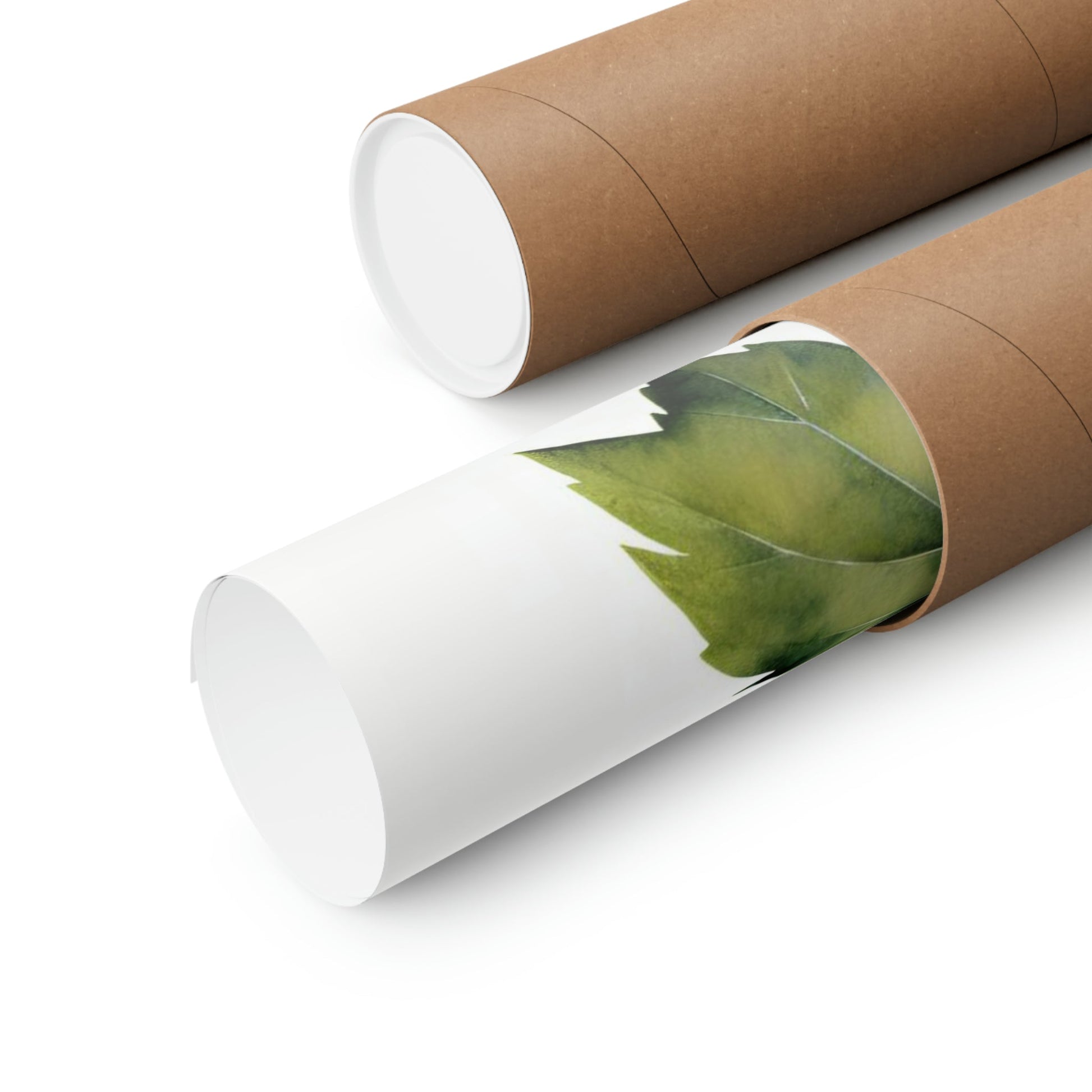 Two rolls of brown paper with green leaves on them