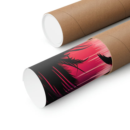 Two rolls of brown paper with a red sunset