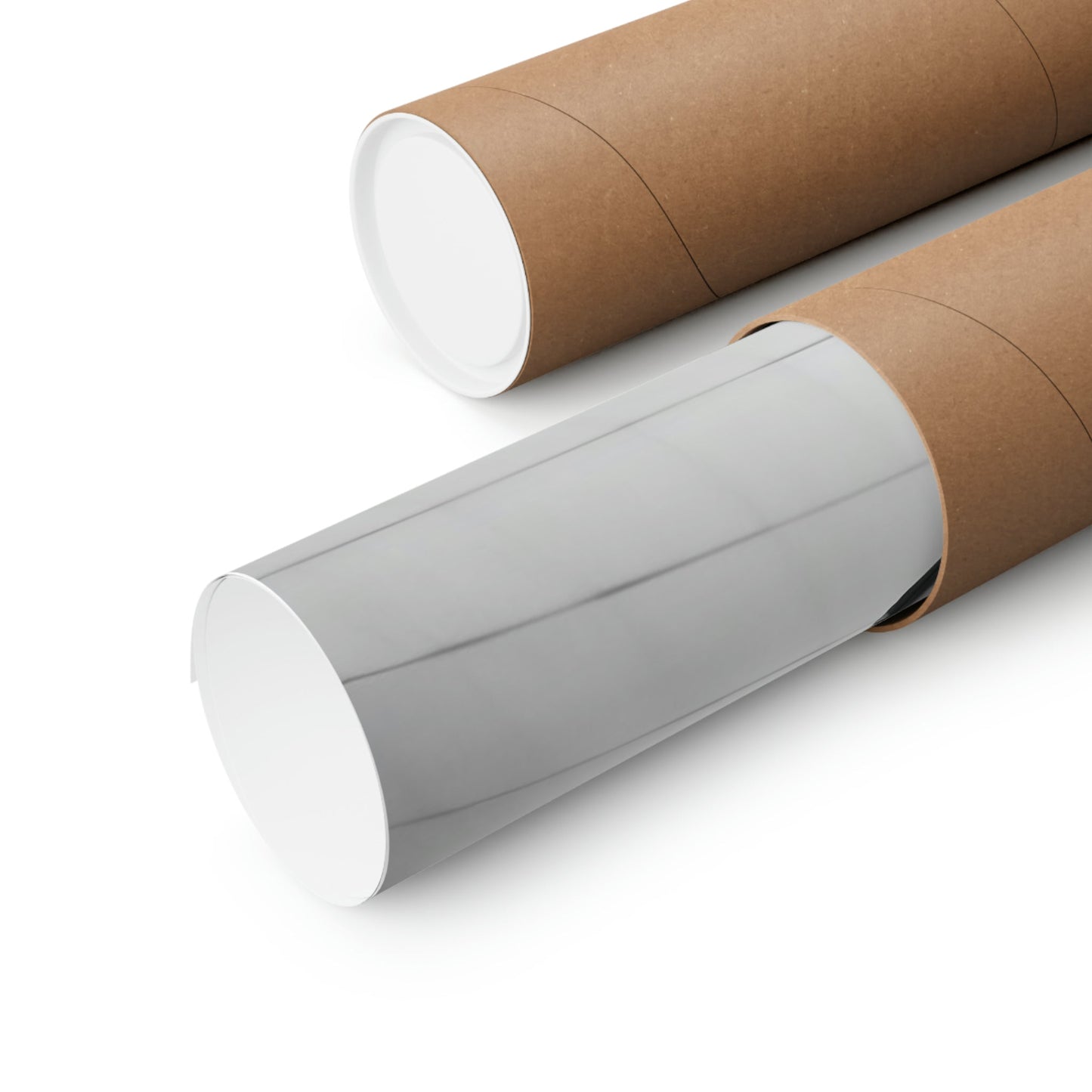 Two rolls of brown paper on a white background