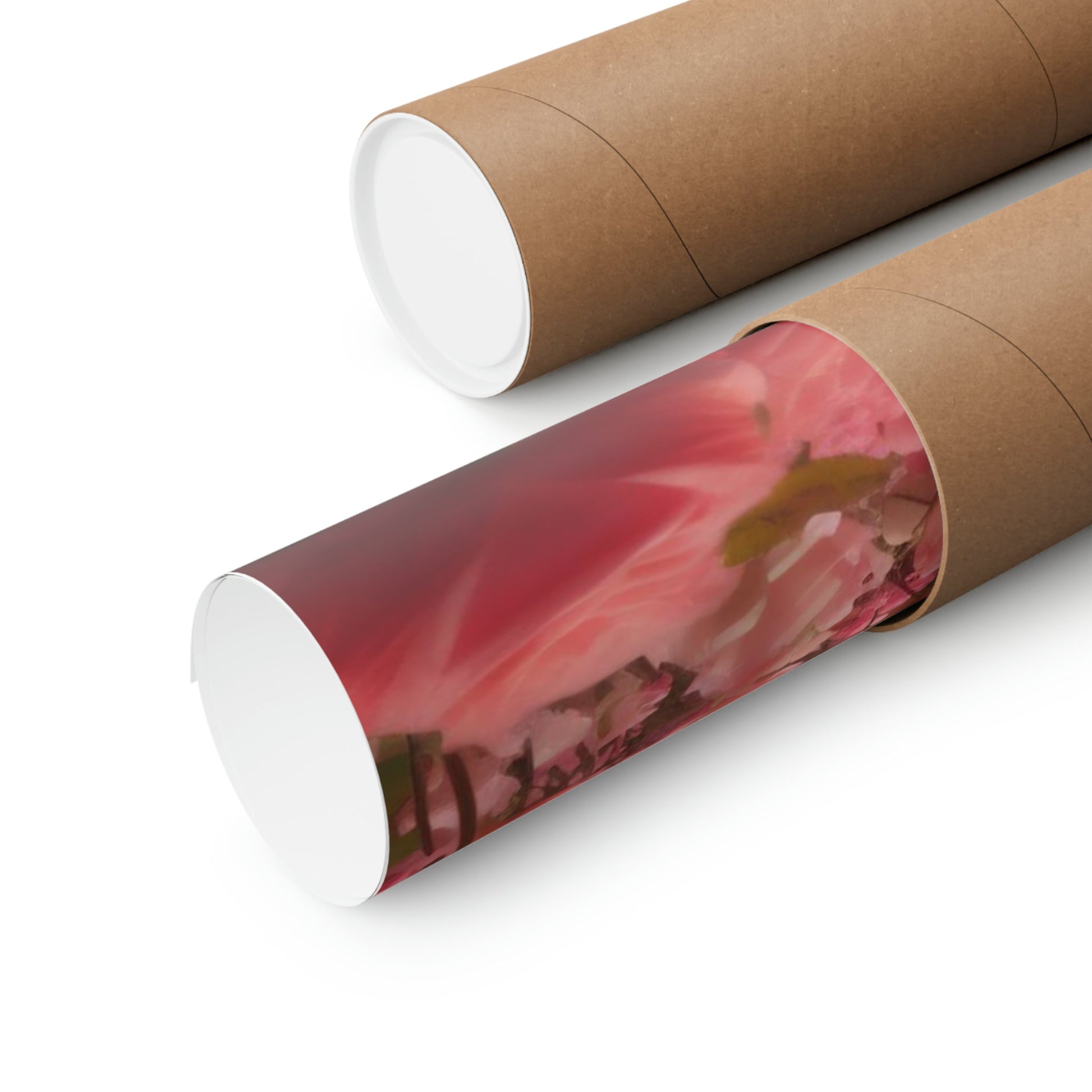 Two rolls of brown paper with pink flowers on them