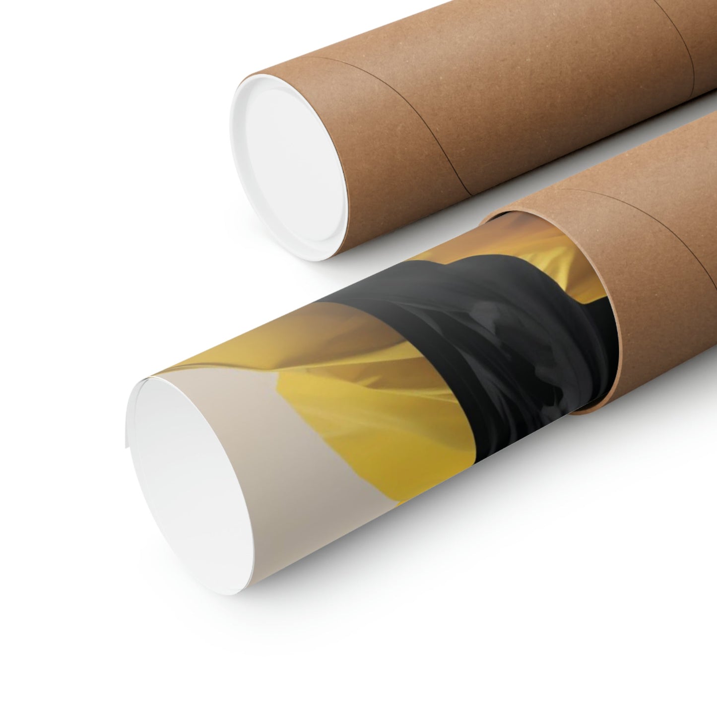 Two rolls of brown paper with a black and yellow design