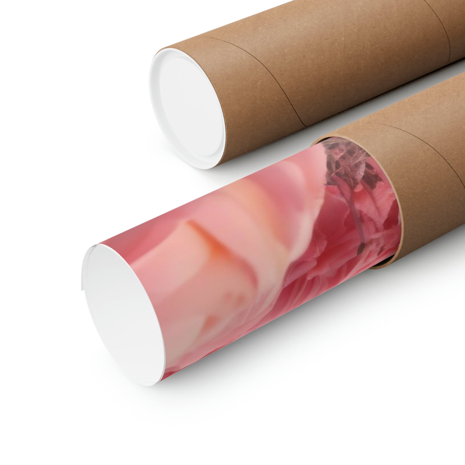 Two rolls of brown paper with pink and white swirled designs