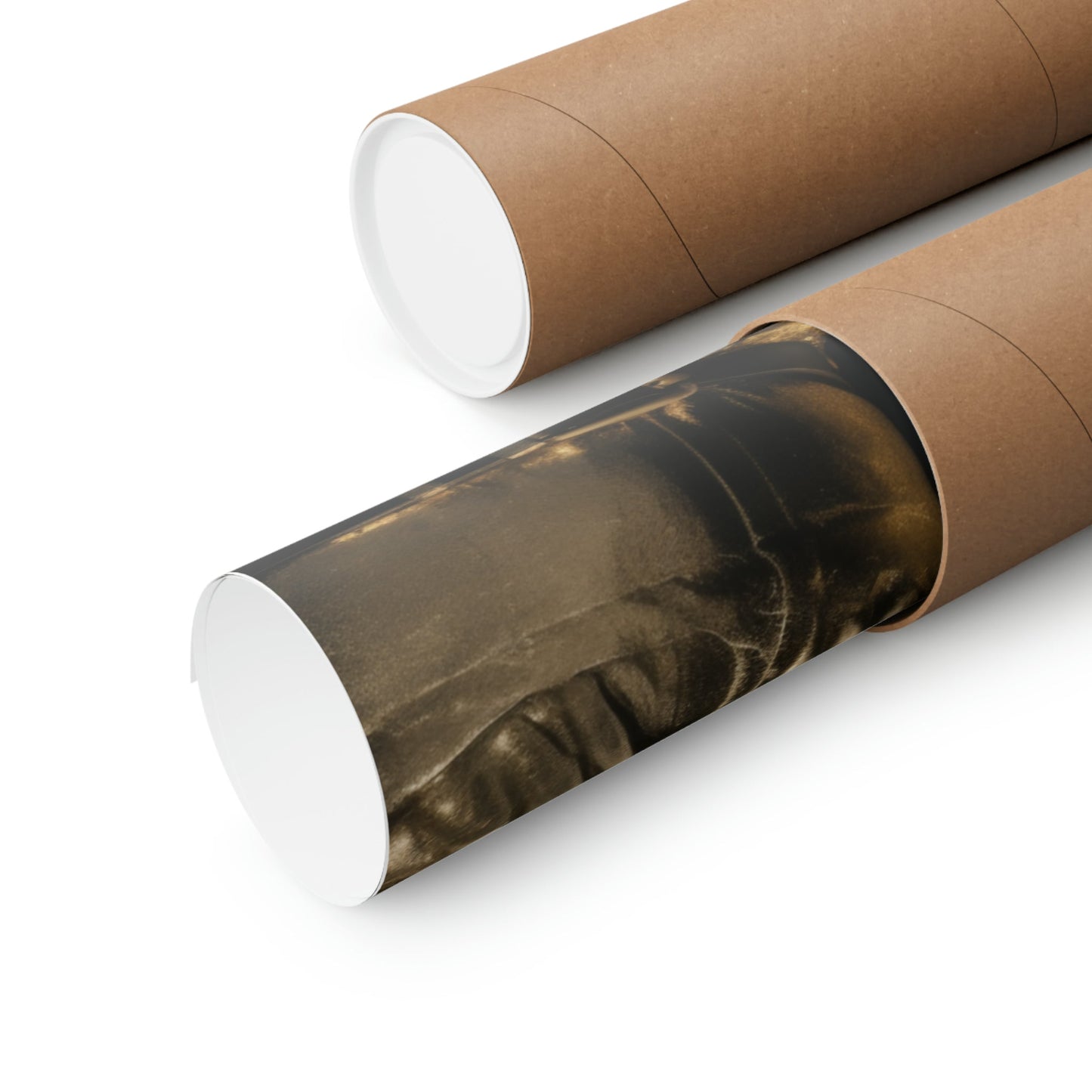 Two rolls of brown paper with a photo on them