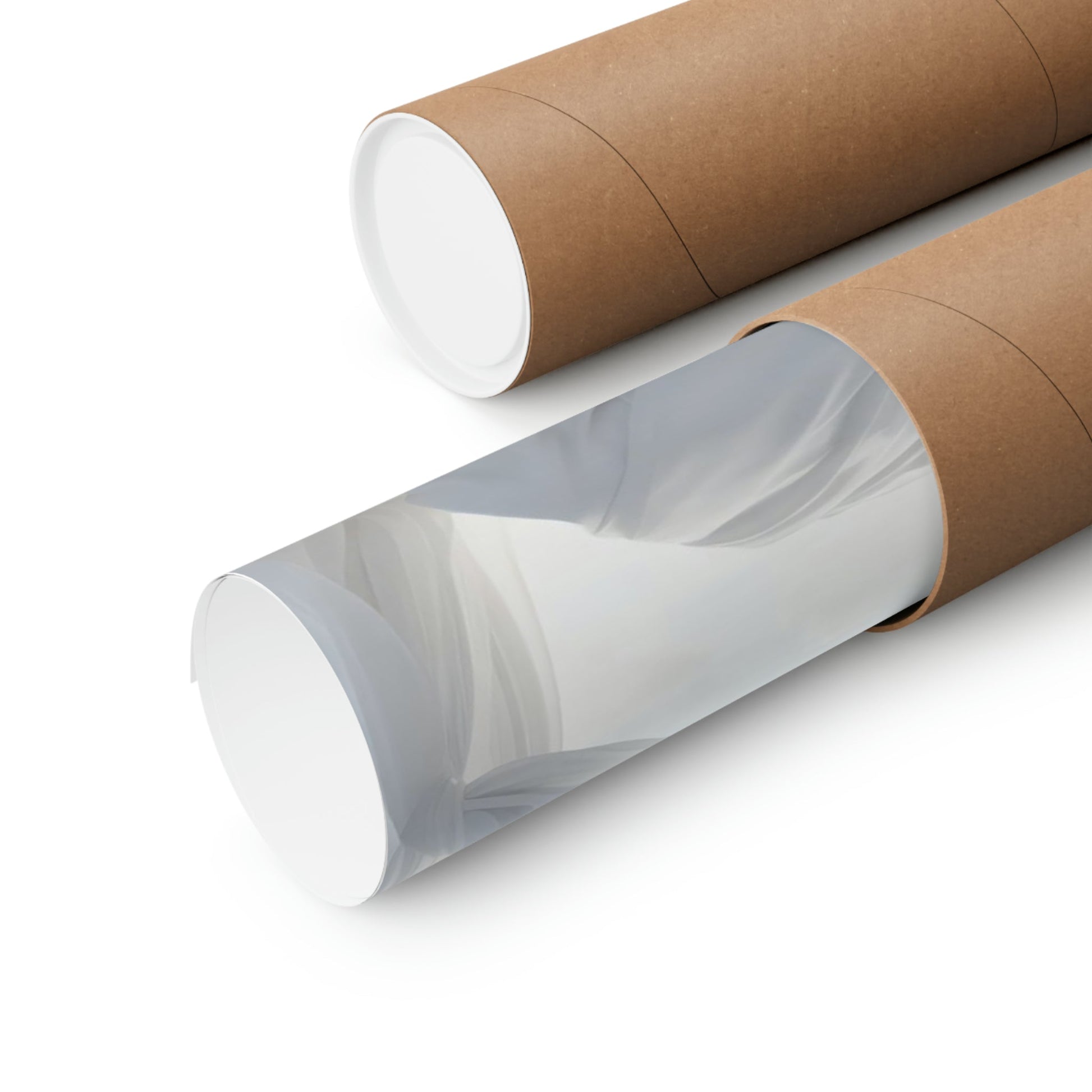 Two rolls of brown paper on a white background