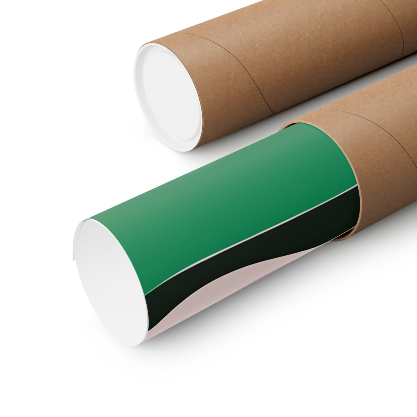 Two rolls of brown paper with green and white stripes