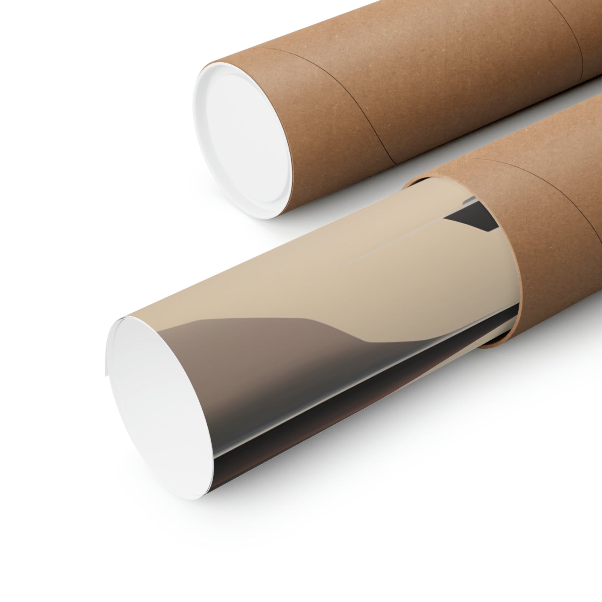 Two rolls of brown paper with a white background