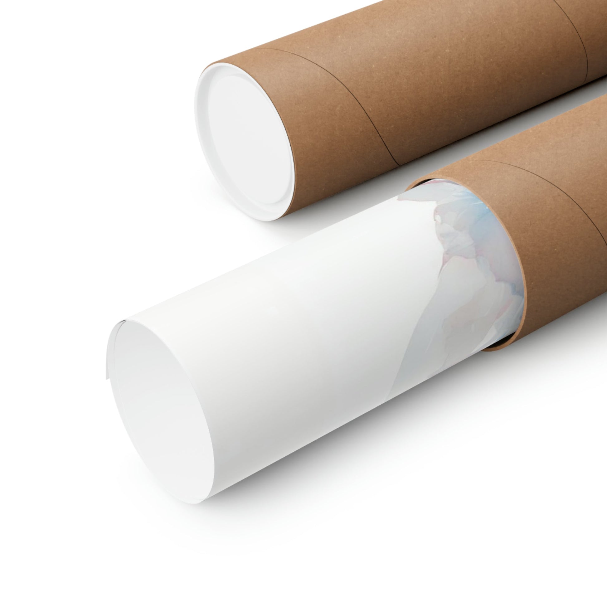 Two rolls of brown paper with white paper on them