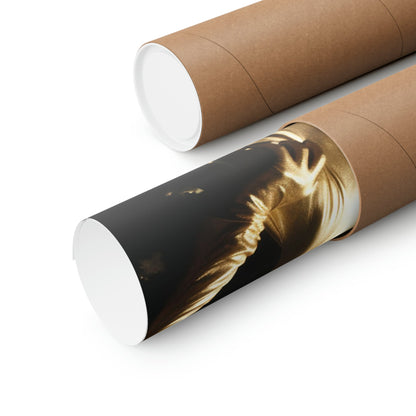 Two rolls of brown paper with a photo of a woman