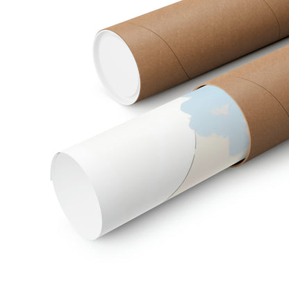 Two rolls of brown paper with a blue sky and clouds on them