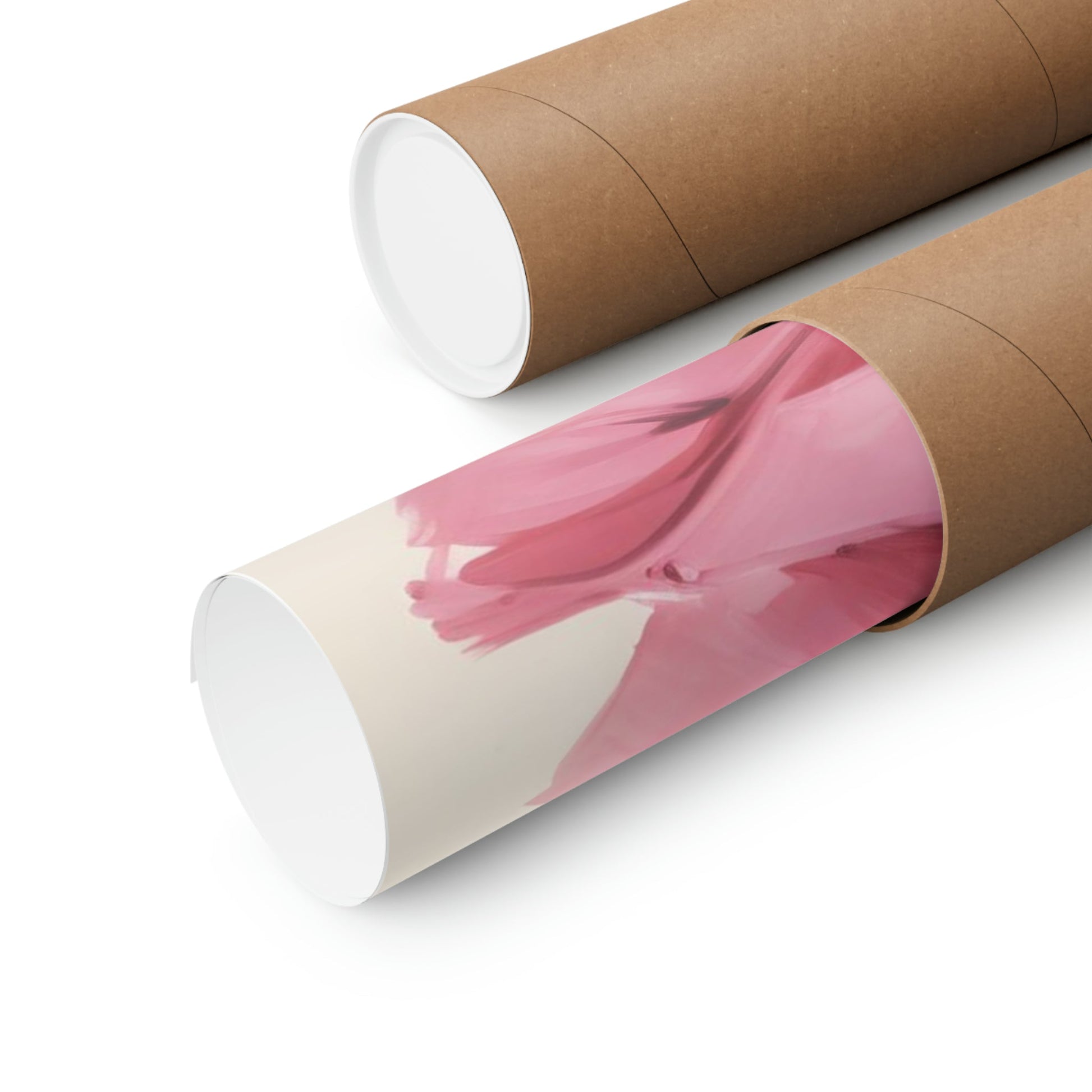 Two rolls of brown paper with pink and white designs