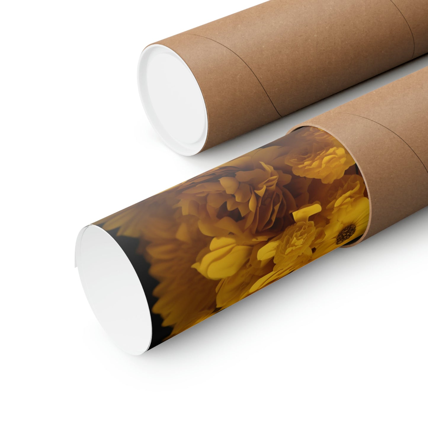 Two rolls of brown paper with yellow flowers