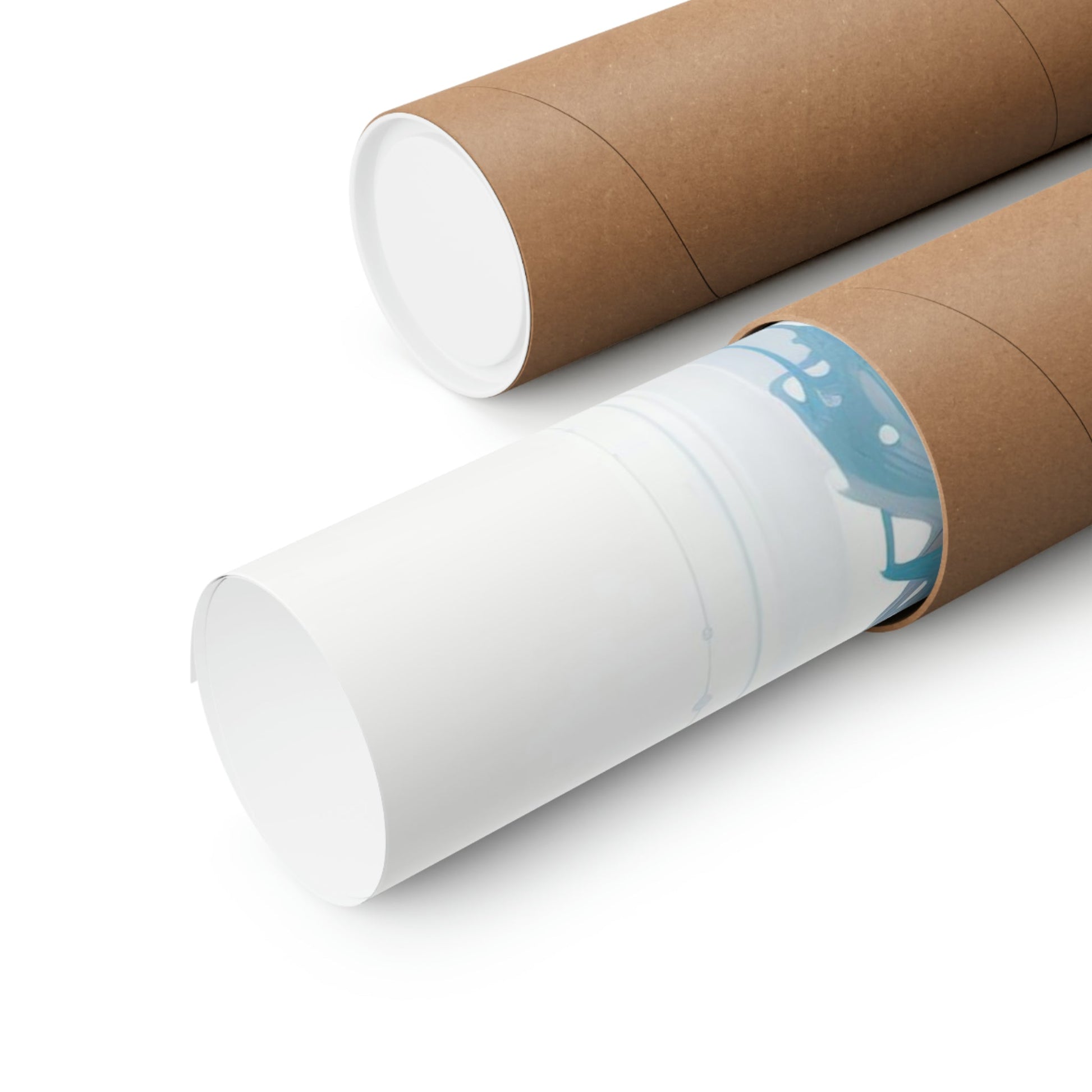 Two rolls of brown paper with a blue and white design