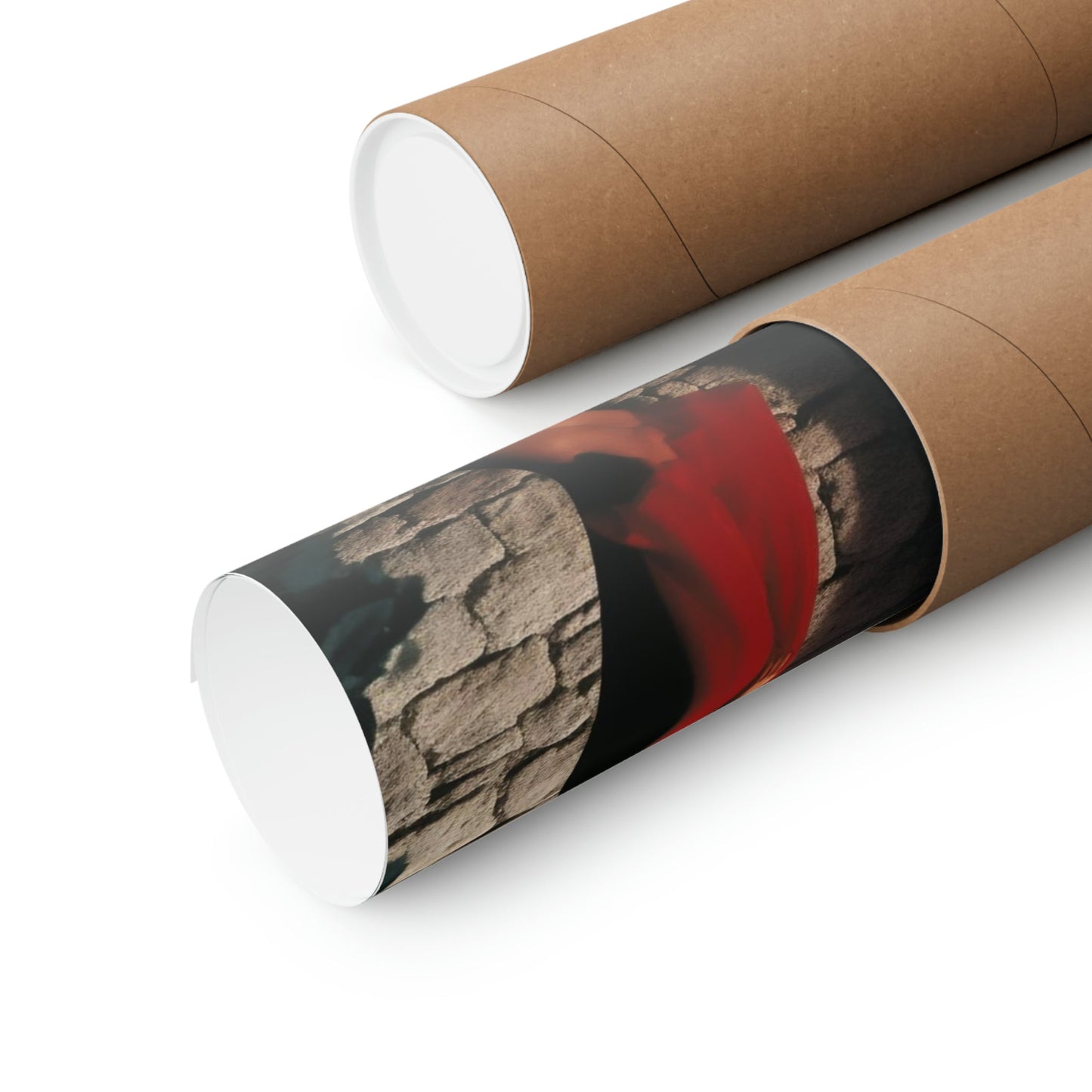 Two rolls of brown paper with a red and black image on them