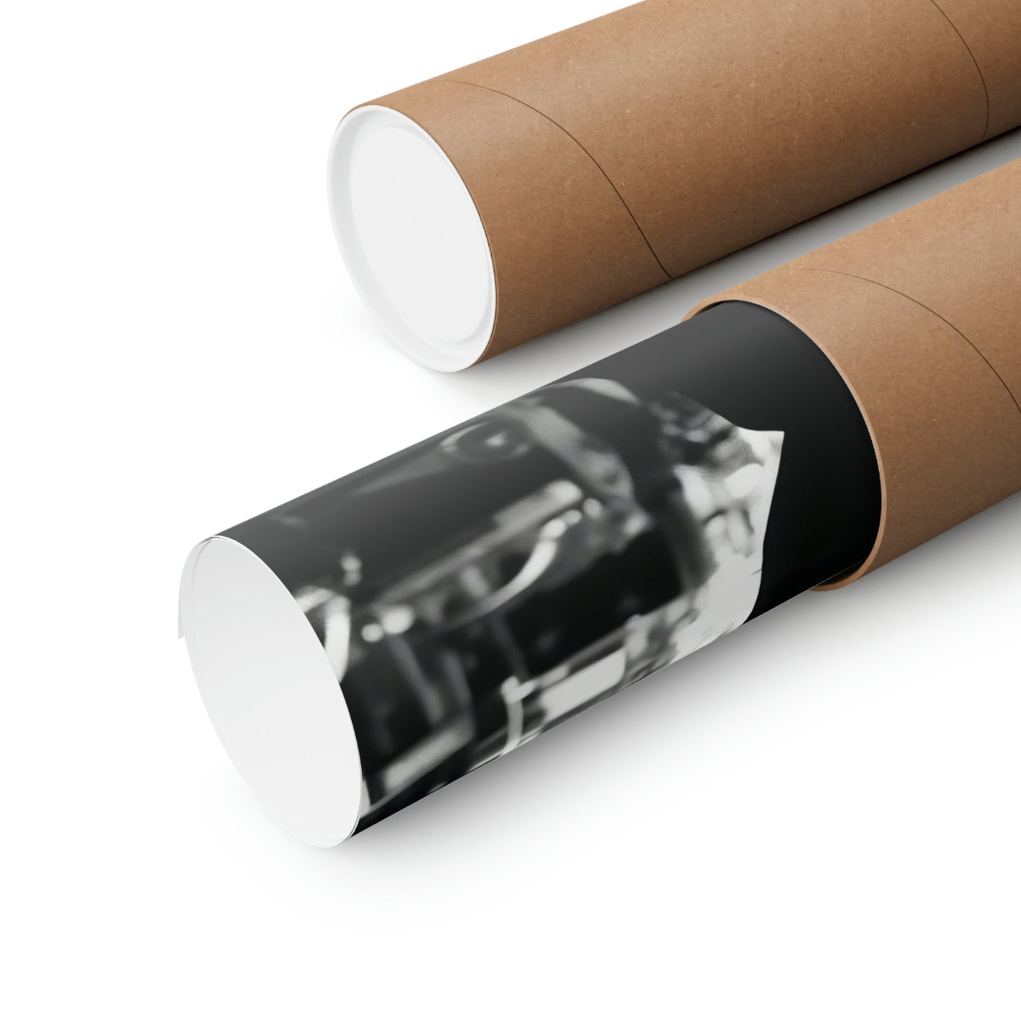 Two rolls of brown paper with a black and white photo on them