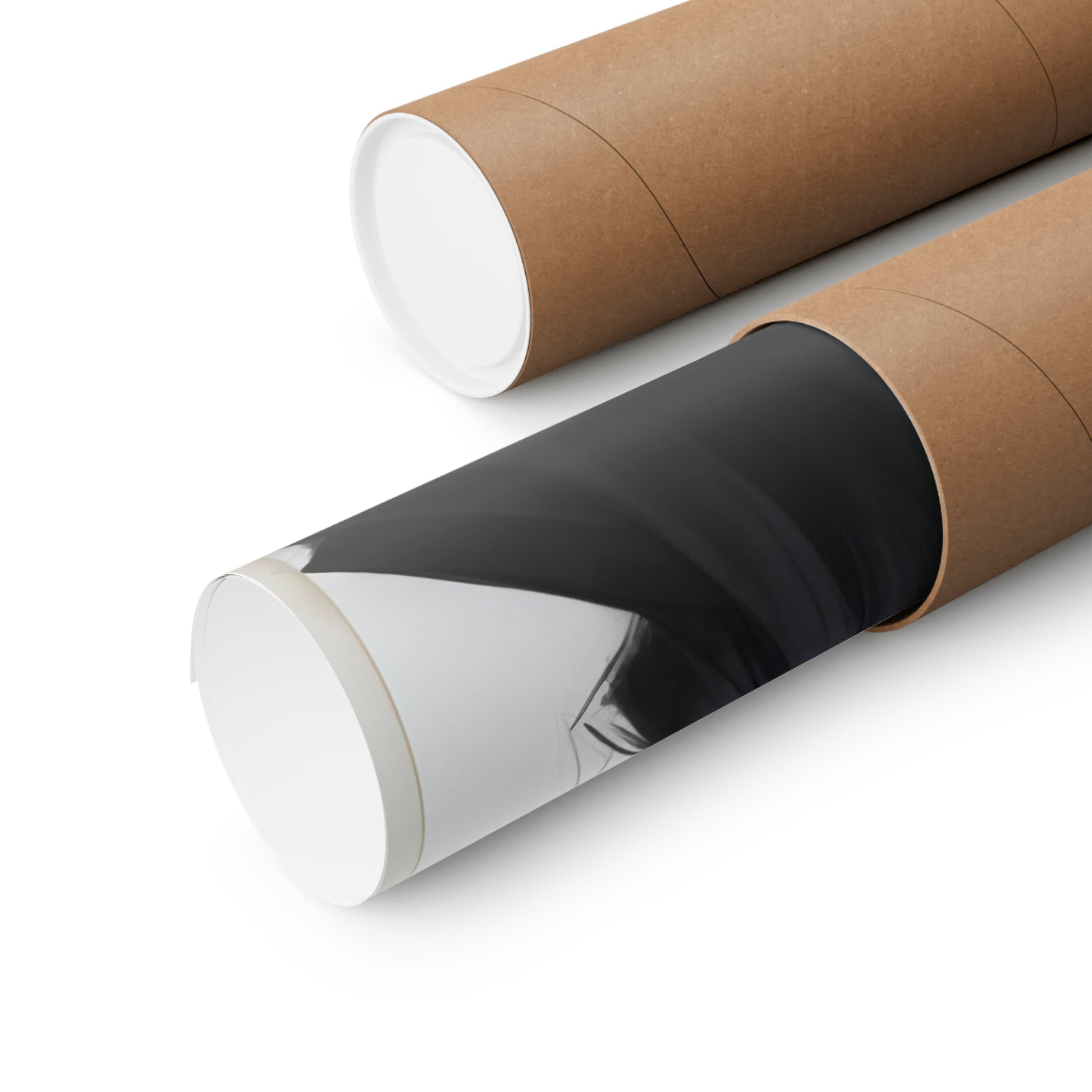 Two rolls of brown paper with black and white paper