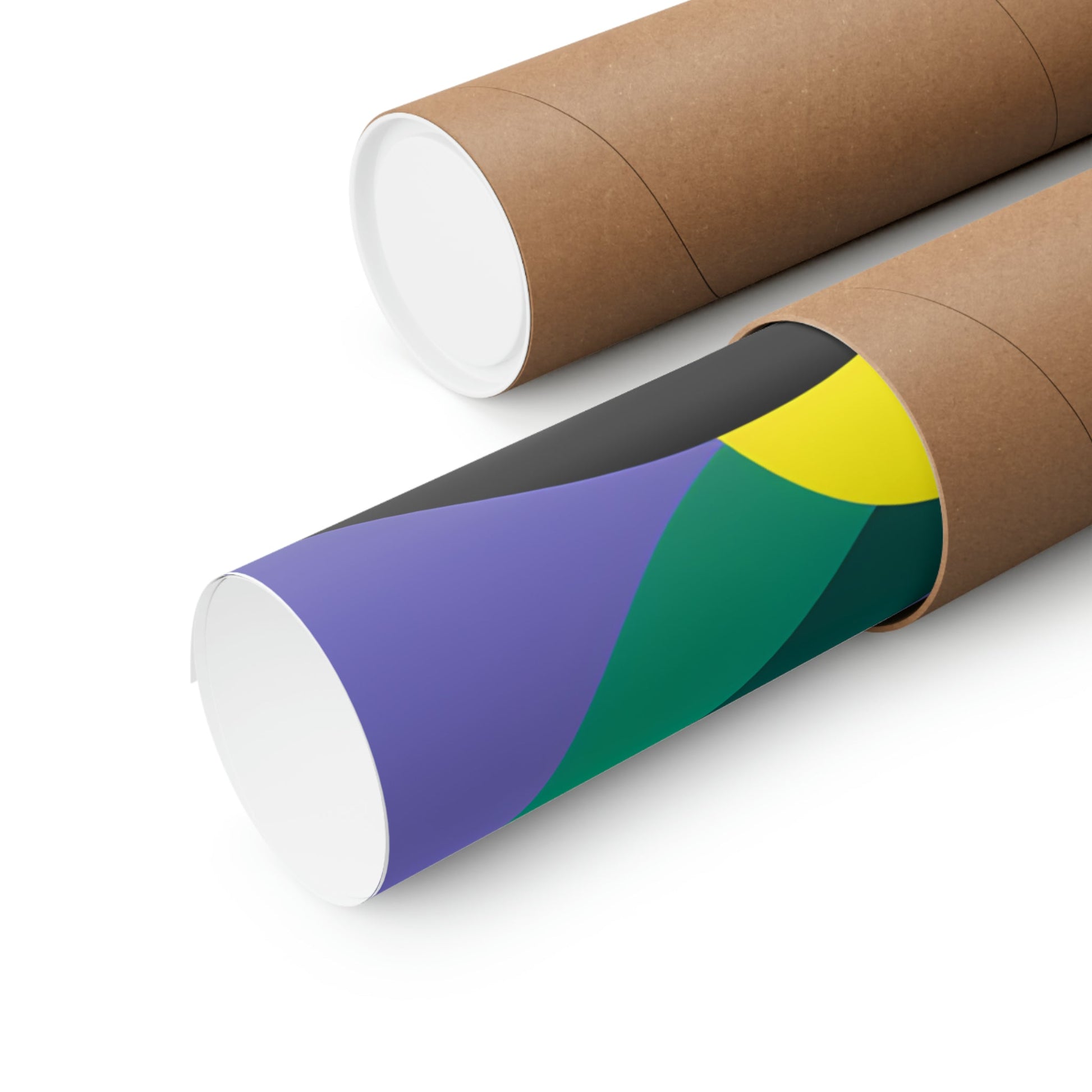 Two rolls of brown paper with a green and yellow stripe