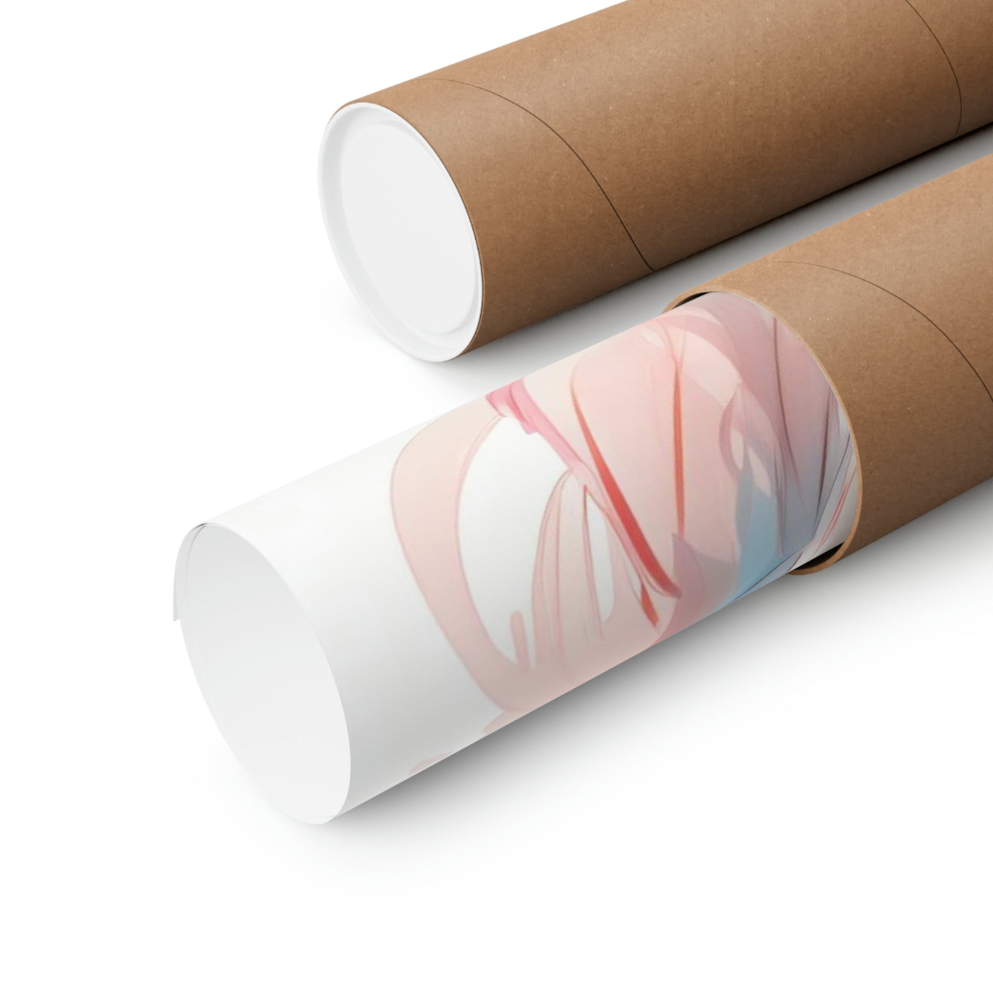 Two rolls of brown paper with a pink and blue swirl design