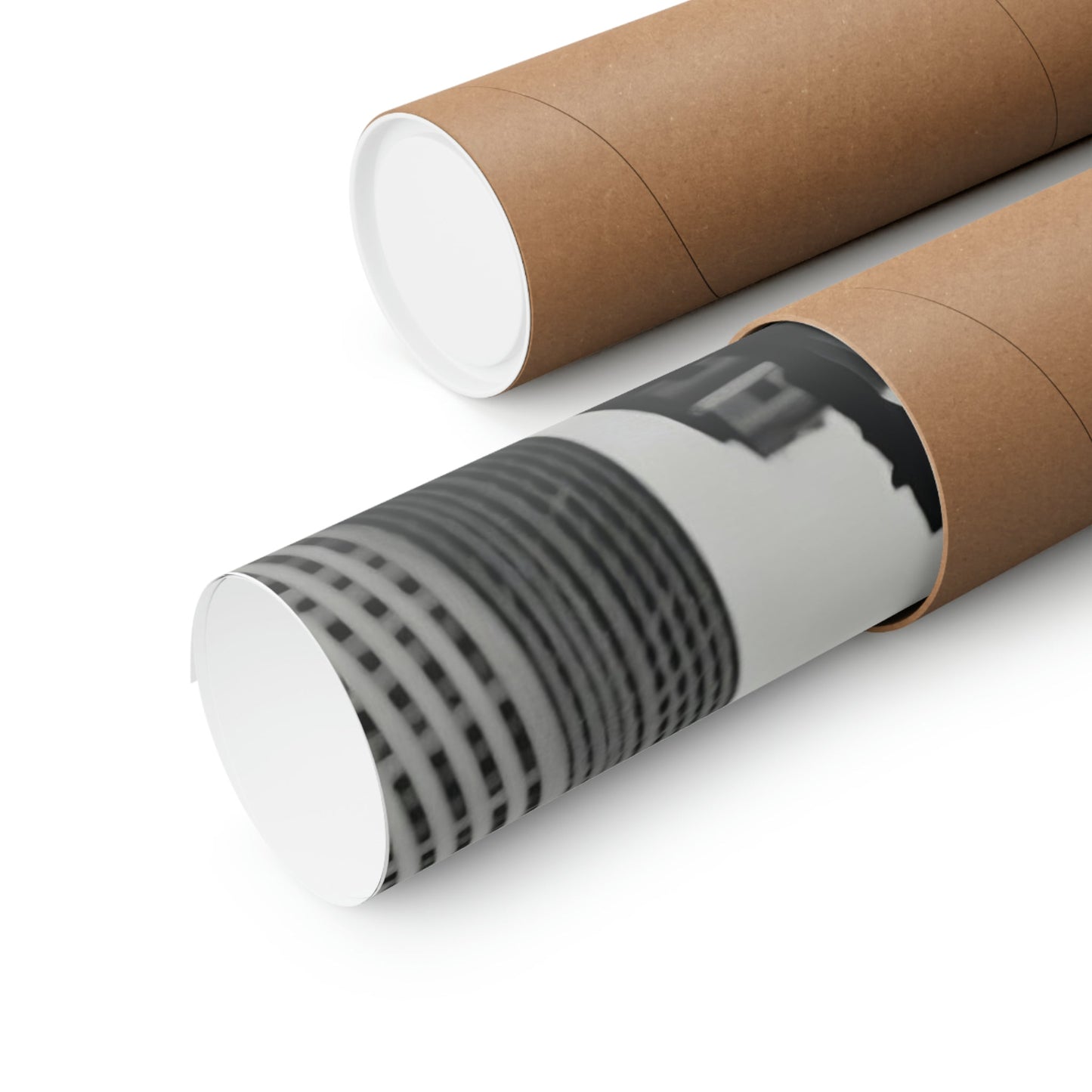 Two rolls of brown paper with black and white stripes