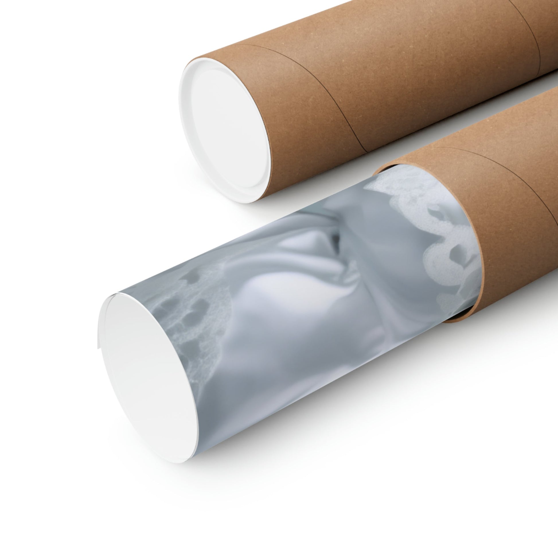 Two rolls of brown paper with a white background