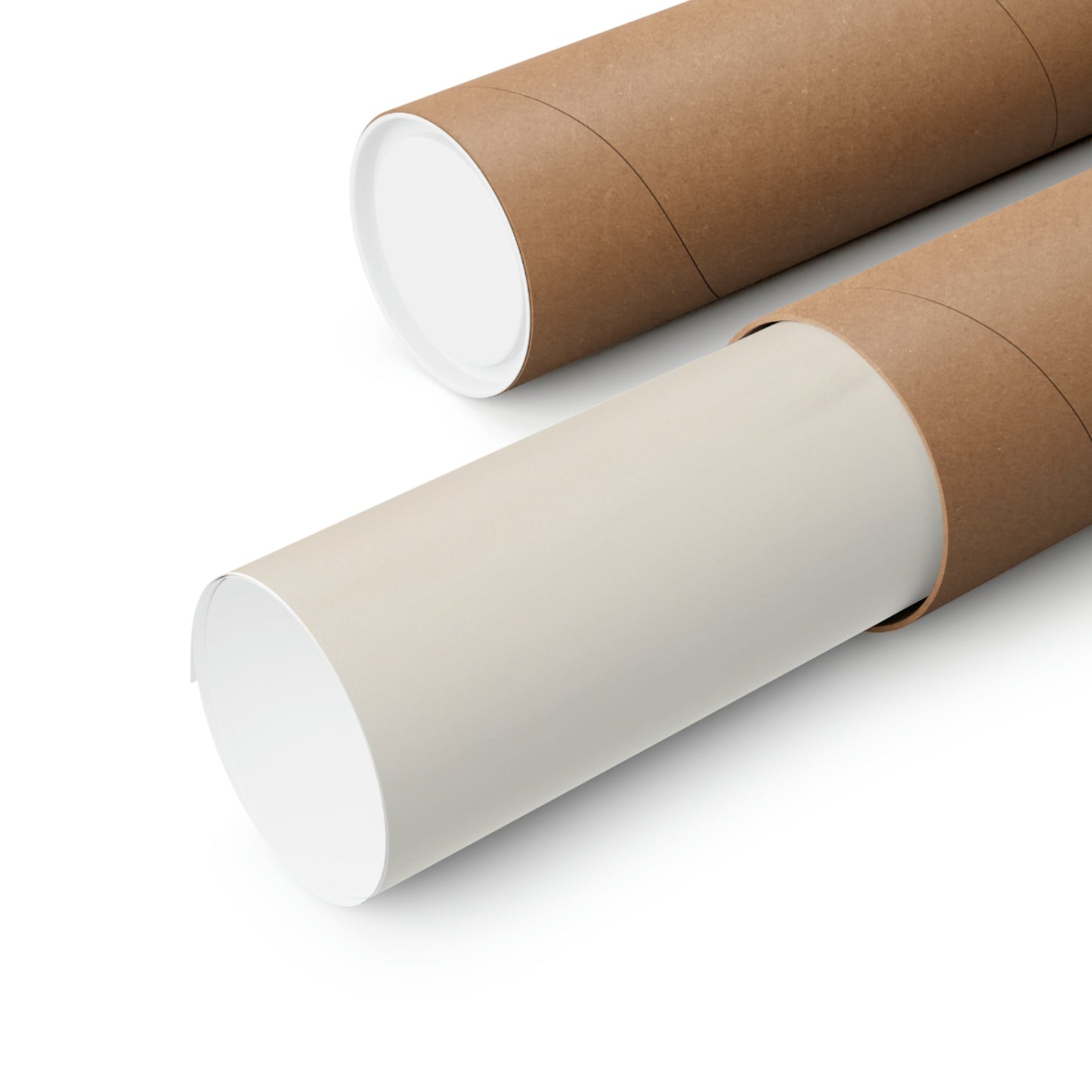 Two rolls of brown paper on white background