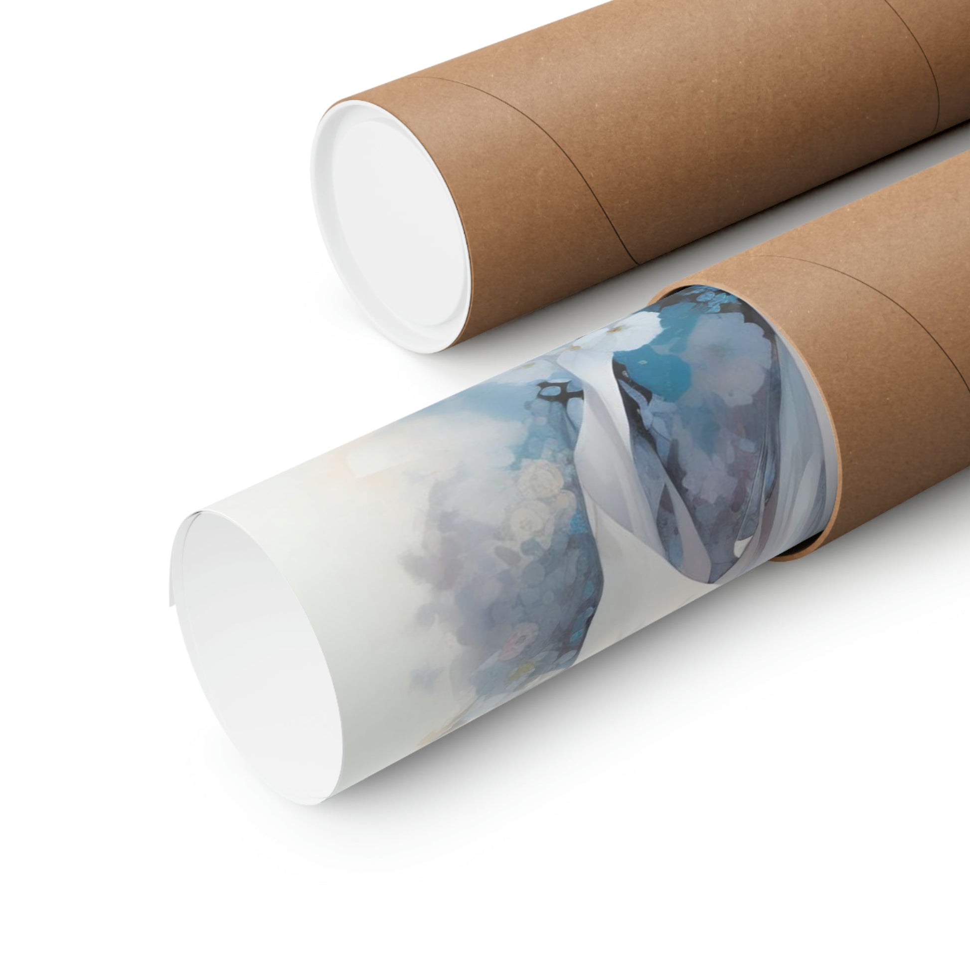 Two rolls of toilet paper with a blue and white watercolor painting