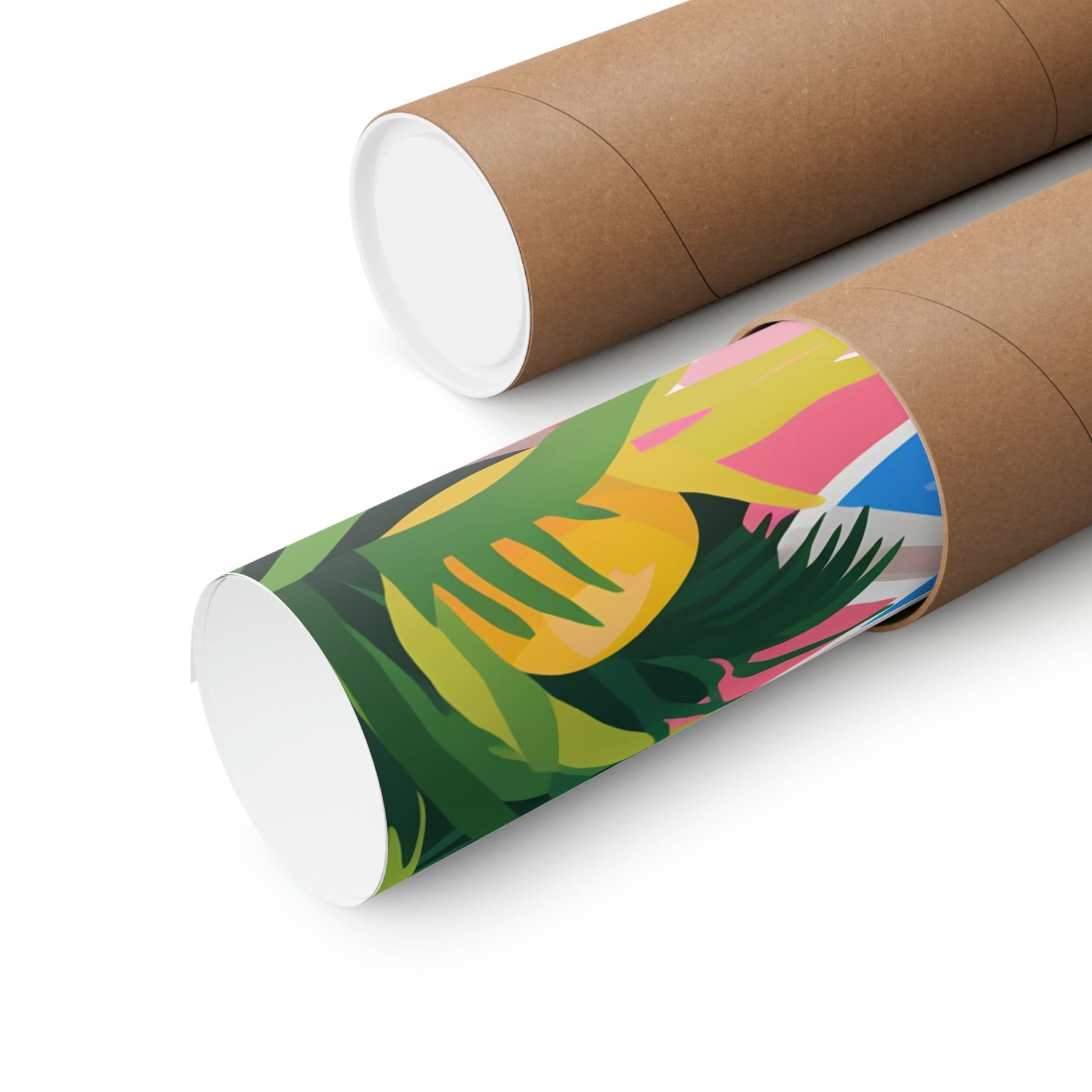 Two rolls of toilet paper with a tropical print