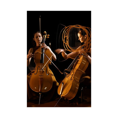 Two women playing cellos