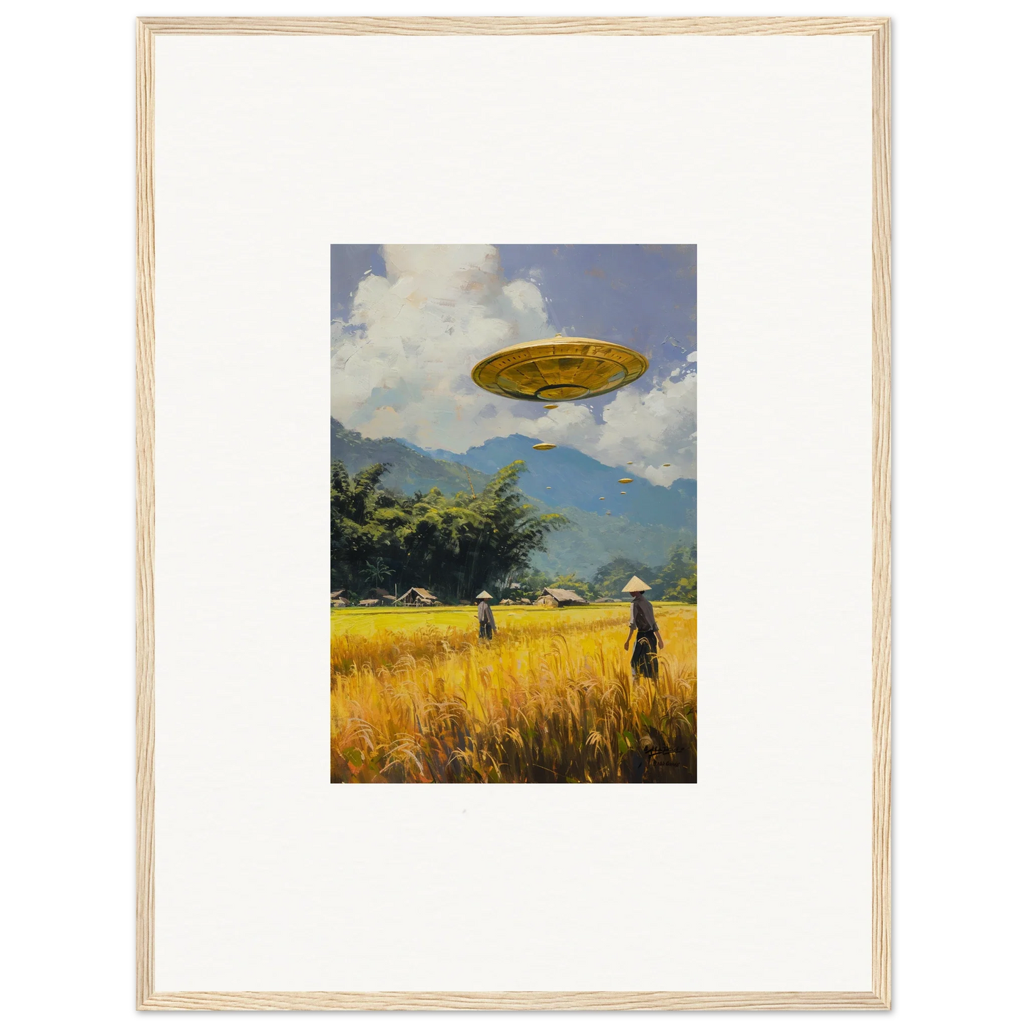 UFO hovering over golden field with distant figures in Circles Kabuki framed wall art