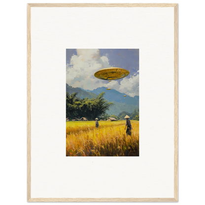 UFO hovering over golden field with distant figures in Circles Kabuki framed wall art