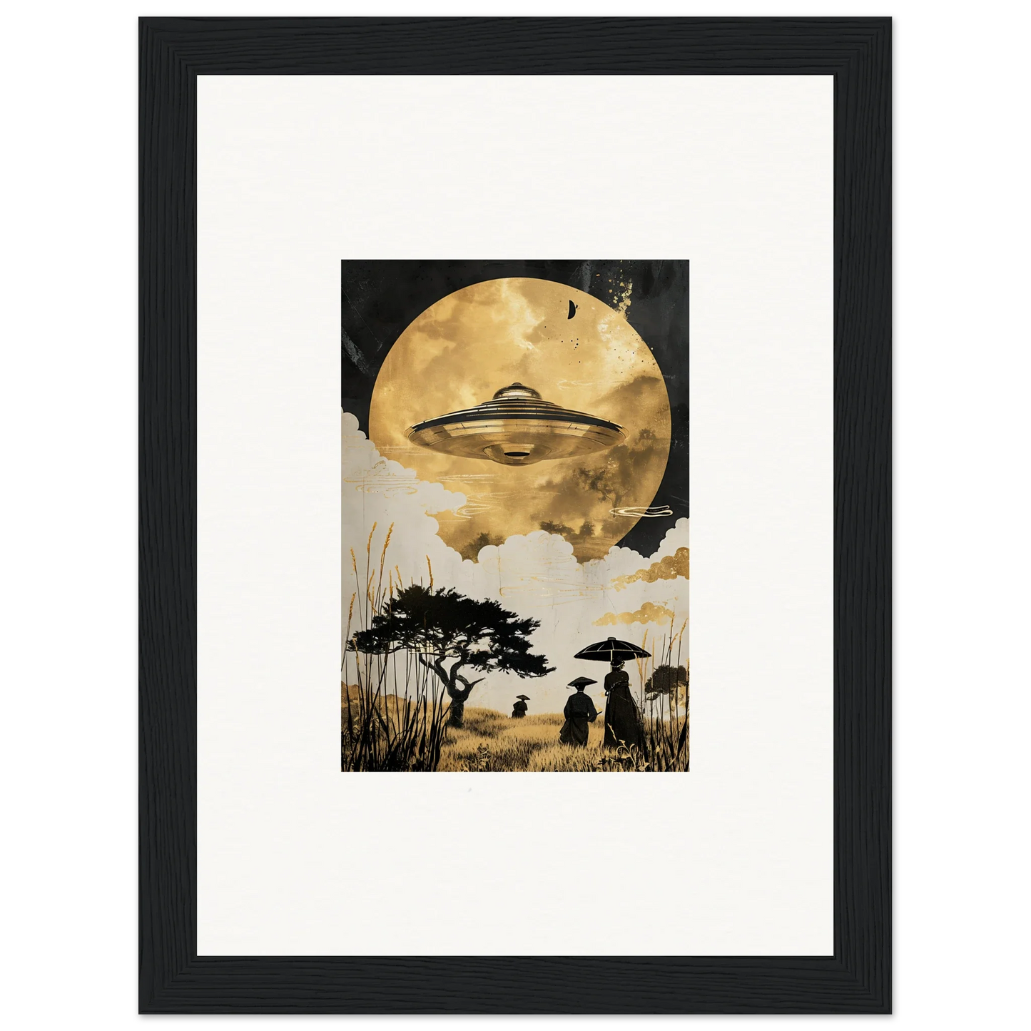 UFO hovering against a golden moon in Utopian Golden Serenade framed wall art