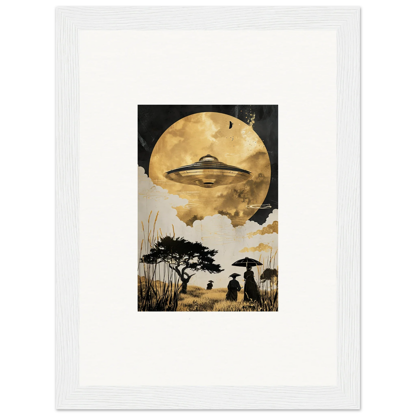 UFO hovering against a golden moon in Utopian Golden Serenade framed wall art