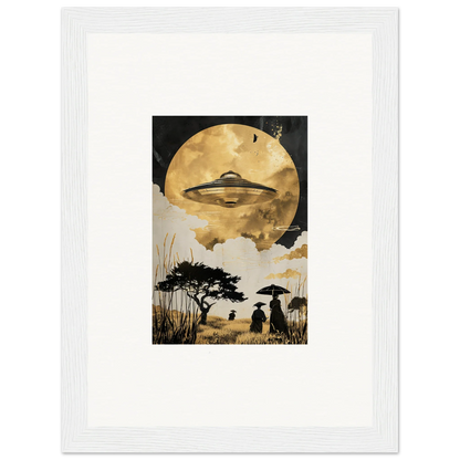 UFO hovering against a golden moon in Utopian Golden Serenade framed wall art