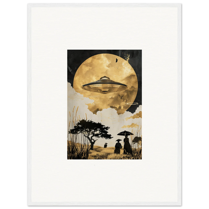 UFO hovering against a golden moon in Utopian Golden Serenade framed wall art