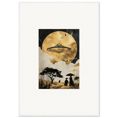 UFO hovering before a golden moon in Utopian Golden Serenade wall art for room decor