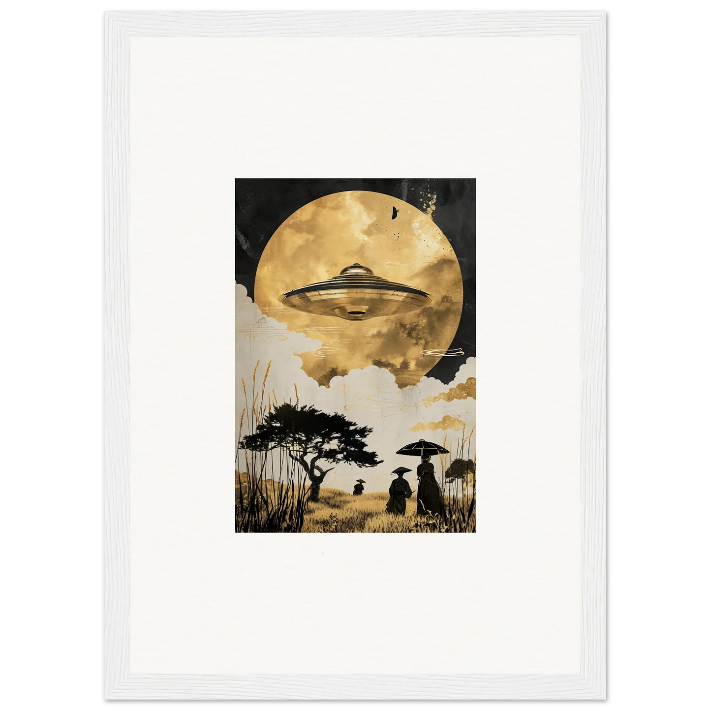 UFO hovering in a golden sky above a silhouetted landscape for Golden Serenade wall art